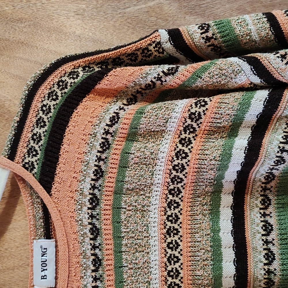 Vintage B-Young Denmark Womens Grandpa Sweater Peach Brown Green Cotton Blend 2X - Picture 3 of 11